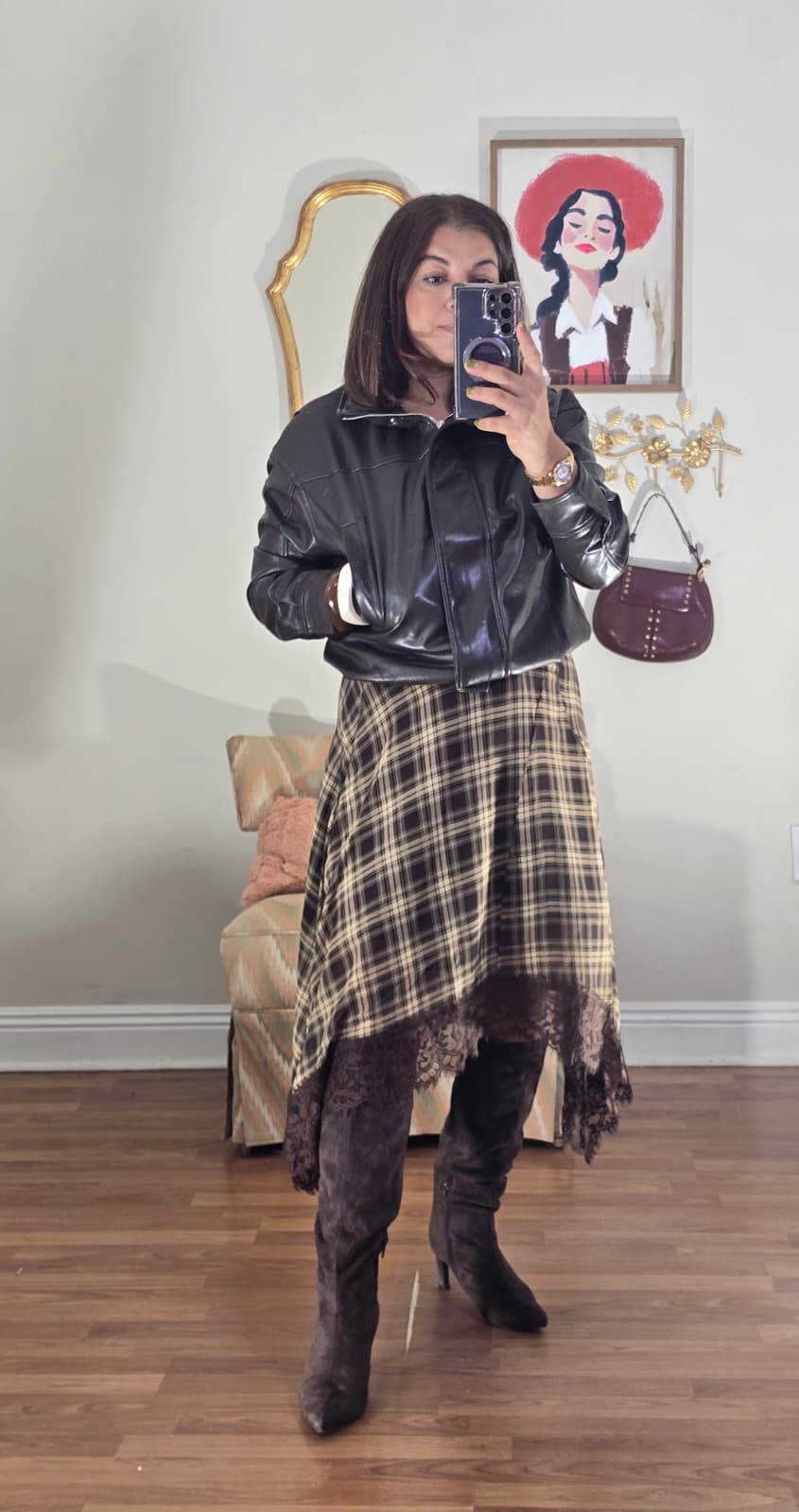 PLAID AND LACE MIDI SKIRT